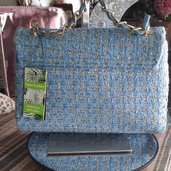 Badgley Mischka Blue Tweed Shoulder Bag - Picture 4 of 6